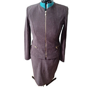 Faux Suede Brown Skirt Suit Gold Zipper Women Size Medium Business Casual